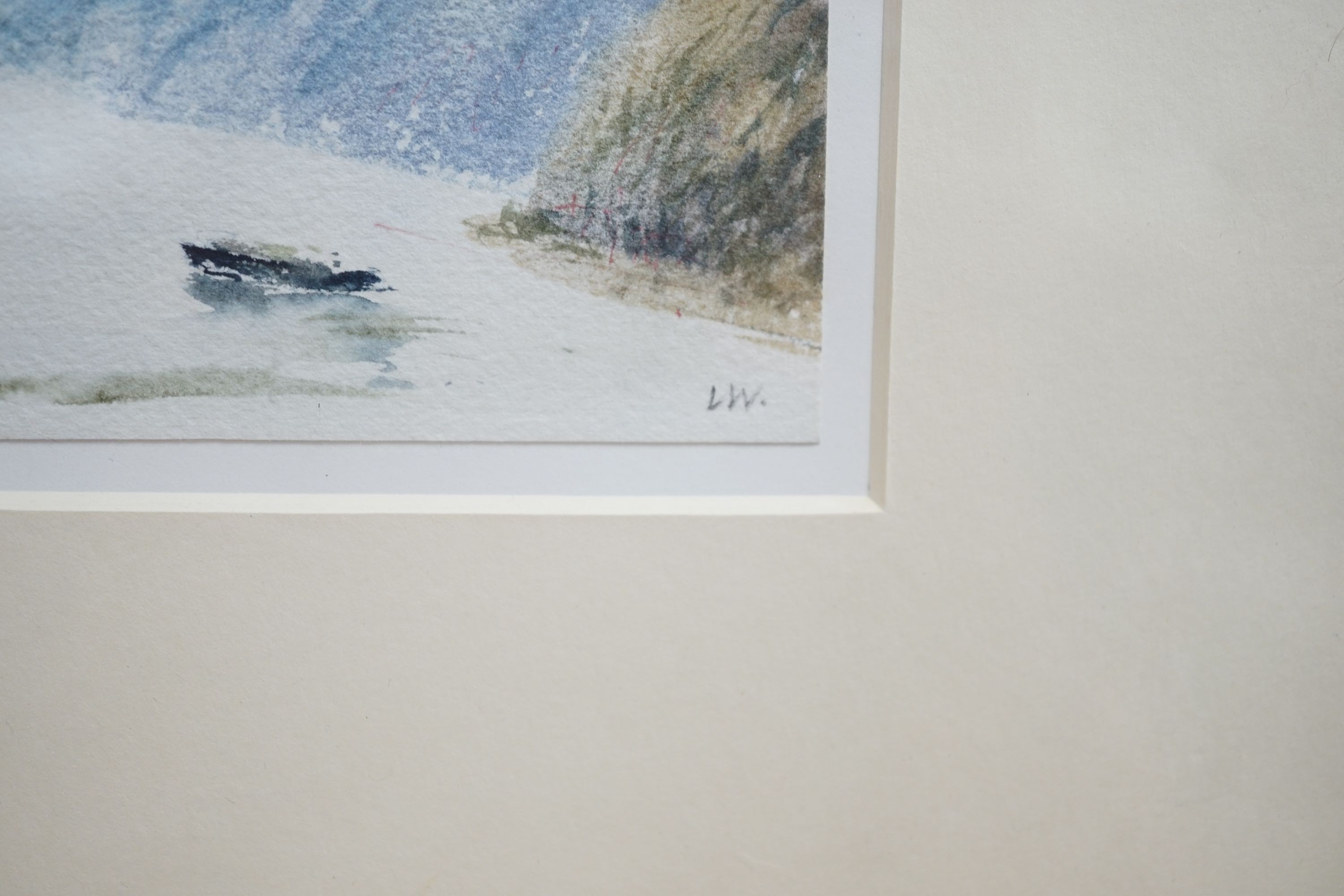 Leslie Worth, Barge on the Rhine, watercolour, signed initials, 9 x 11.5cm